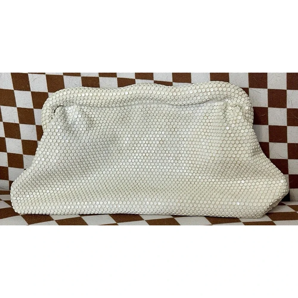 Vintage White Metal Mesh Clutch Purse Mid Century Gate Mouth Evening Bag Bridal